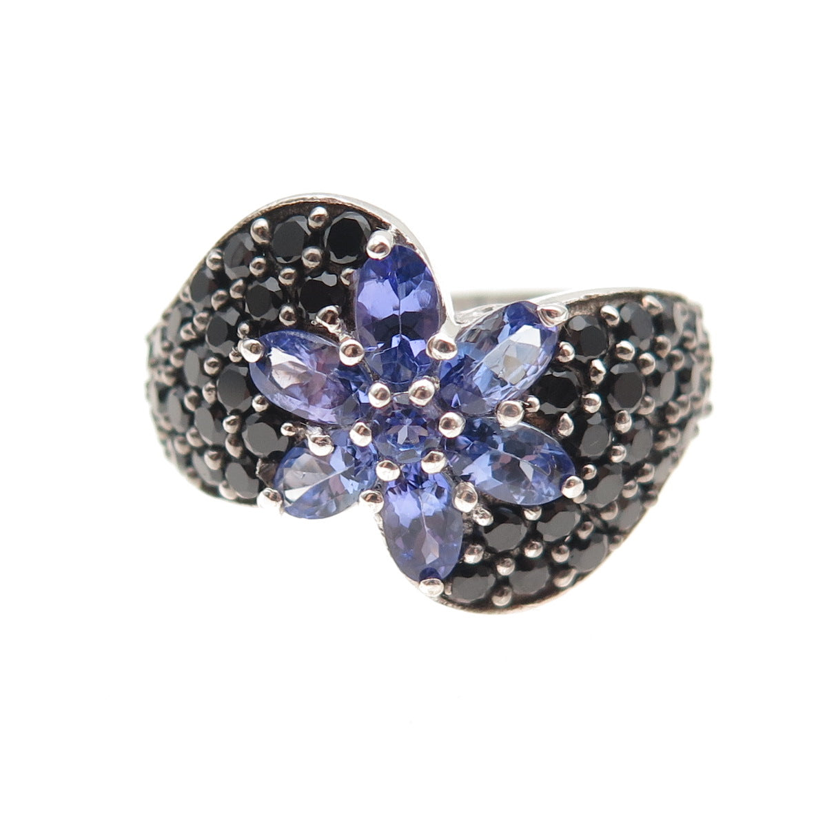 Chuck Clemency 925 Sterling Silver Real Tanzanite & Black Spinel Ring Size 8.25