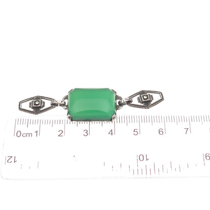 925 Sterling Antique Art Deco Real Green Onyx & Marcasite Bracelet Centerpiece