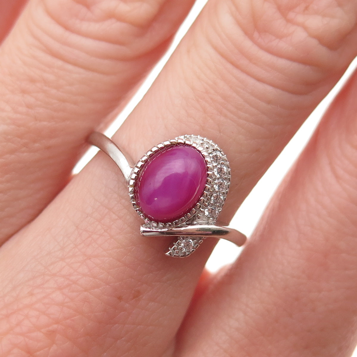 925 Sterling Silver Real Ruby & C Z Modernist Ring Size 7