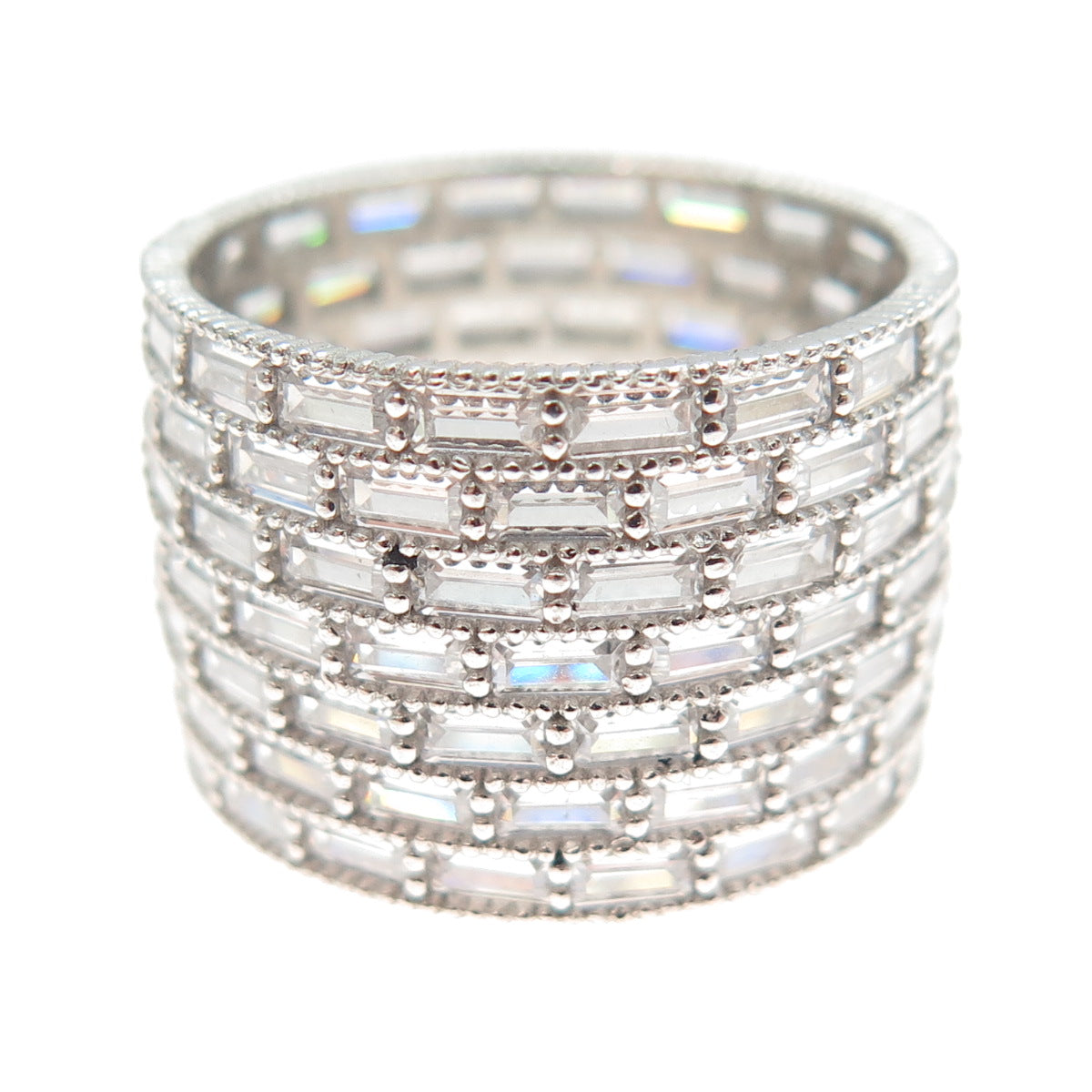 DSMK 925 Sterling Silver Baguette-Cut C Z Wide Band Ring Size 6.75