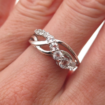 925 Sterling Silver Real Round-Cut Graduated White Topaz Crisscross Ring Size 7