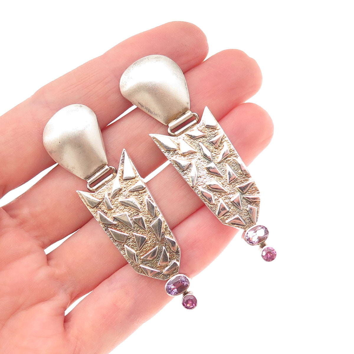 925 Sterling Silver Vintage Real Amethyst Modernist Oxidized Dangle Earrings