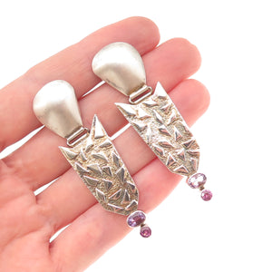 925 Sterling Silver Vintage Real Amethyst Modernist Oxidized Dangle Earrings