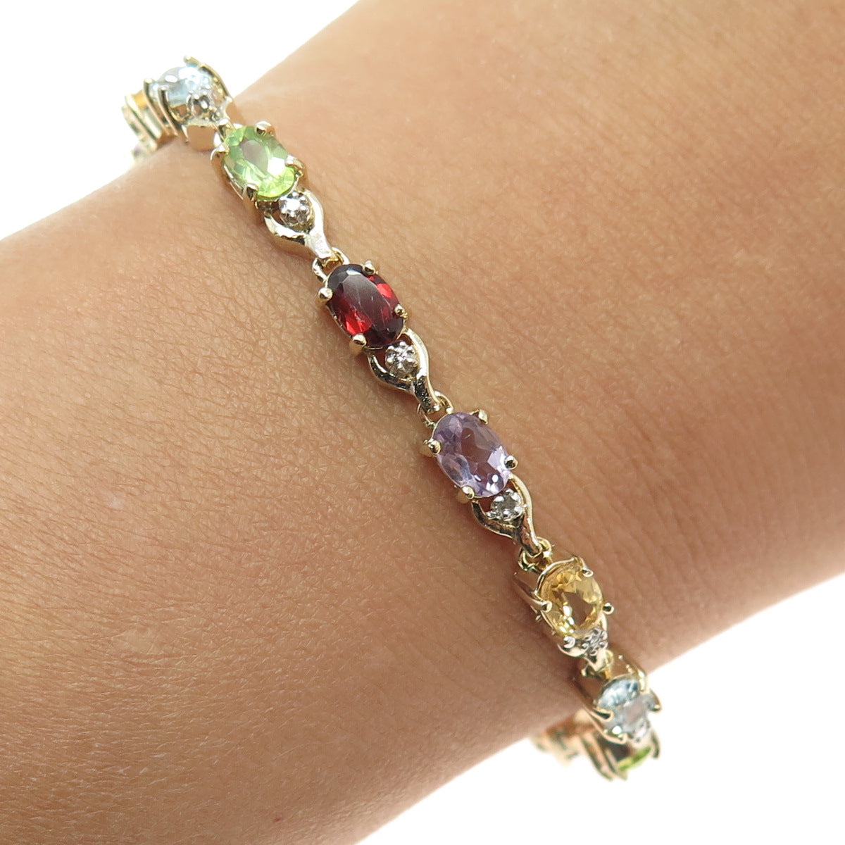 925 Sterling Silver Gold Plated Diamond Accent & Multi-Color Gem Bracelet 6.75"