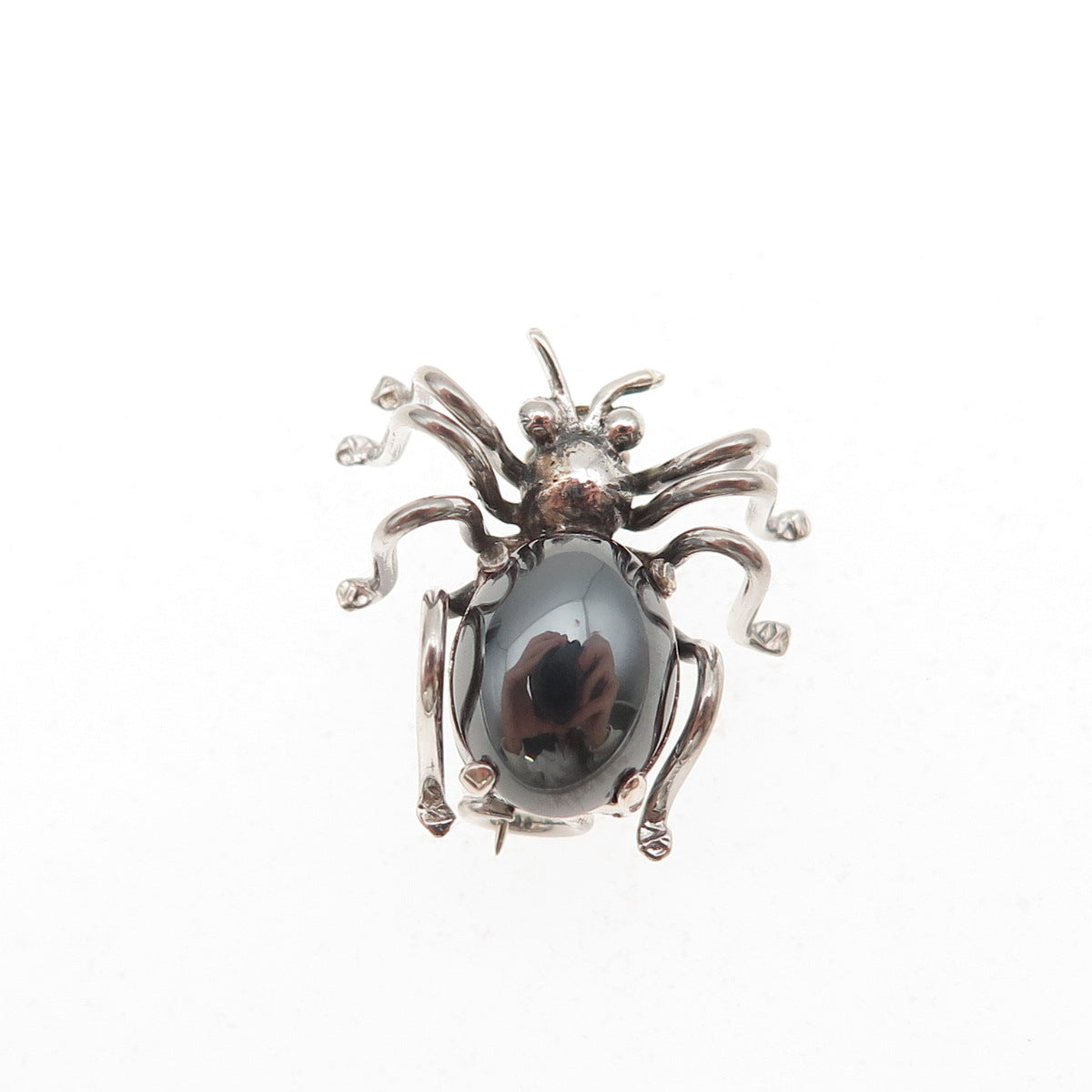 835 Silver Antique Art Deco Real Hematite Spider Oxidized 3D Mini Pin Brooch
