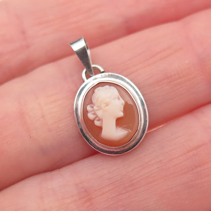 925 Sterling Silver Vintage Real MOP Carved Lady Cameo Oxidized Charm Pendant