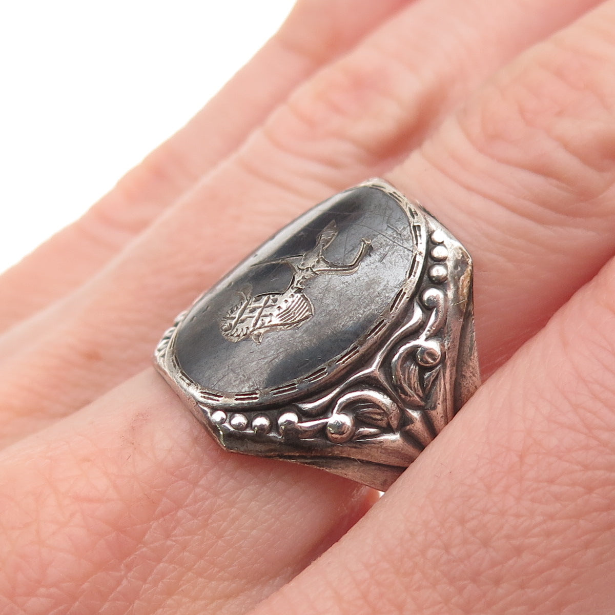 950 Silver Antique Art Deco Niello Hindu Goddess Oxidized Ring Size 10