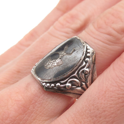 950 Silver Antique Art Deco Niello Hindu Goddess Oxidized Ring Size 10