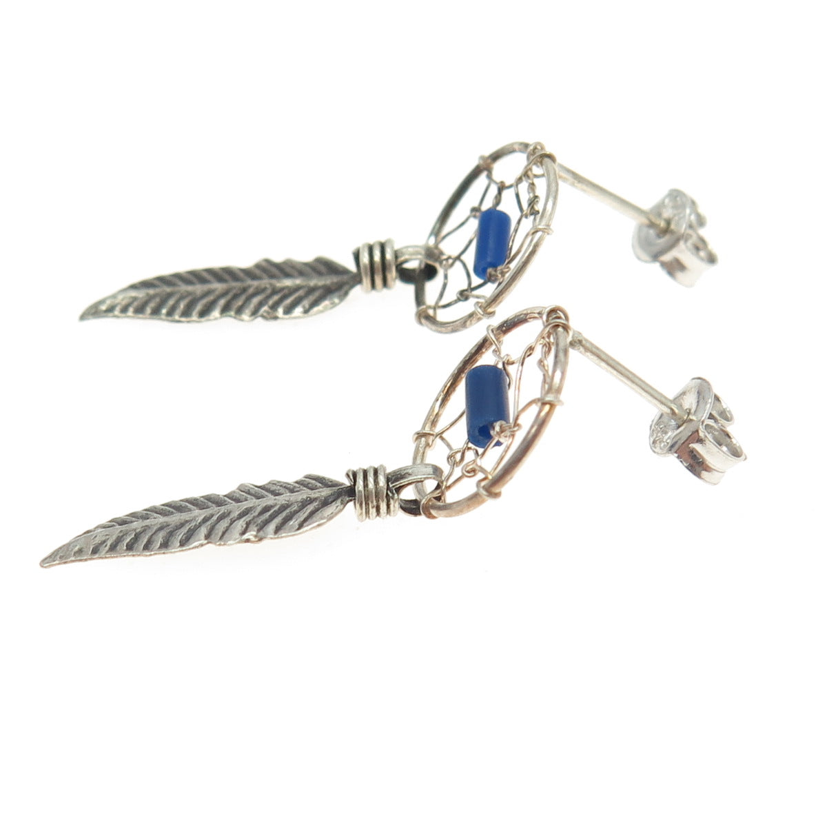 925 Sterling Silver Vintage Southwestern Real Lapis Dreamcatcher Tribal Earrings