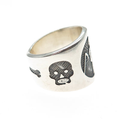 925 Sterling Silver Vintage Mexico Santa Muerte Oxidized Ring Size 8