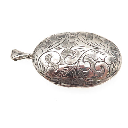 925 Sterling Silver Vintage Engraved Floral Oxidized Oval Locket Pendant