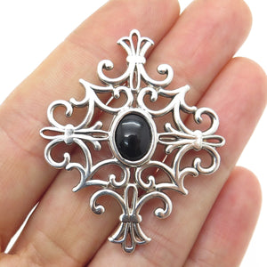 925 Sterling Silver Vintage Real Black Onyx Fleur de Lis Cross Pin Brooch