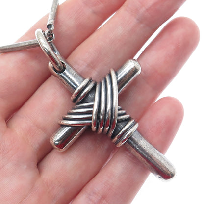 925 Sterling Silver Vintage Italy Cross Pendant Bar Chain Oxidized Necklace 28"