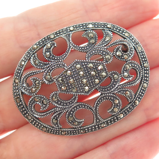 925 Sterling Silver Vintage Real Marcasite Art Deco Style Oxidized Pin Brooch