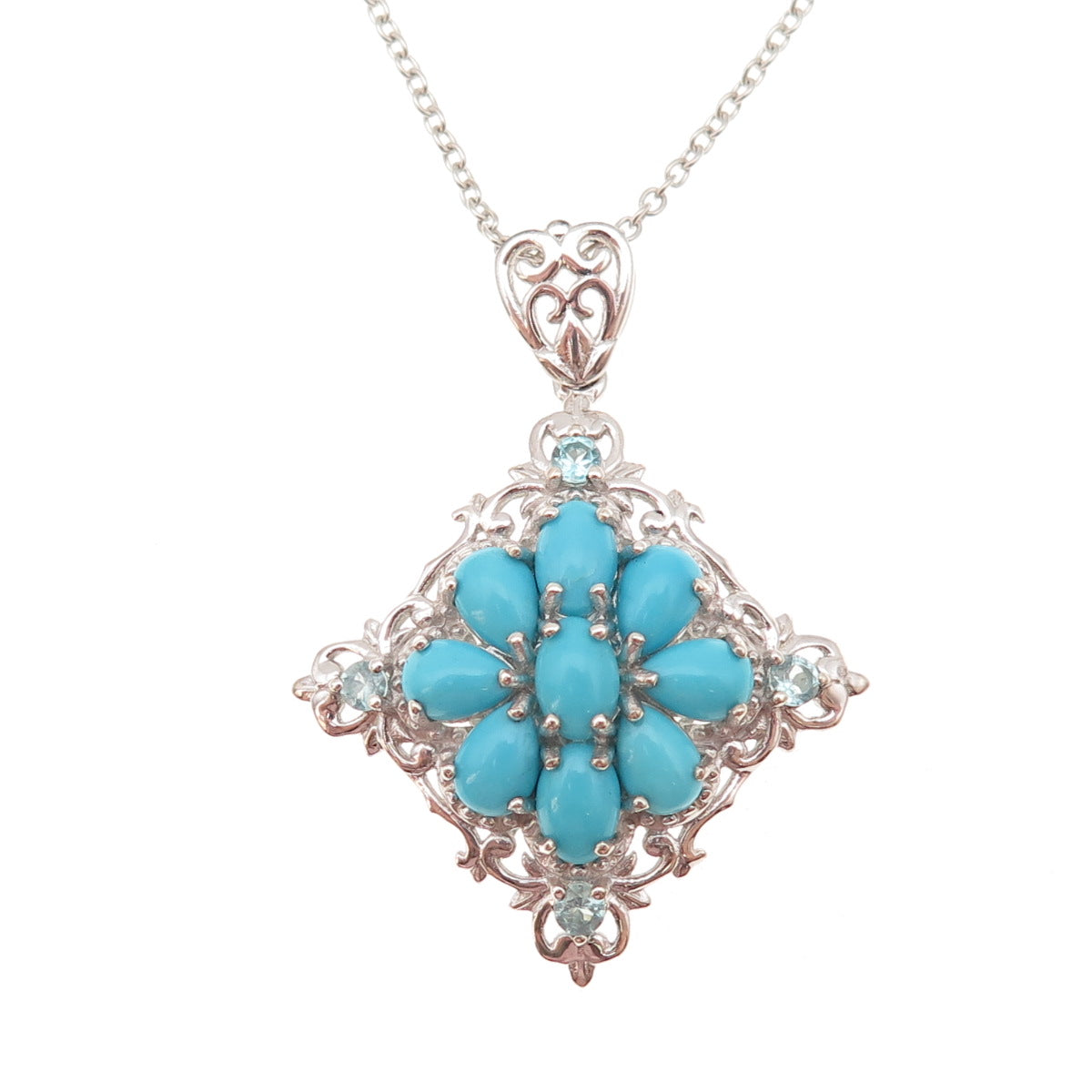 D'Joy 925 Sterling Silver Real Turquoise & Aquamarine Cable Chain Necklace 20"