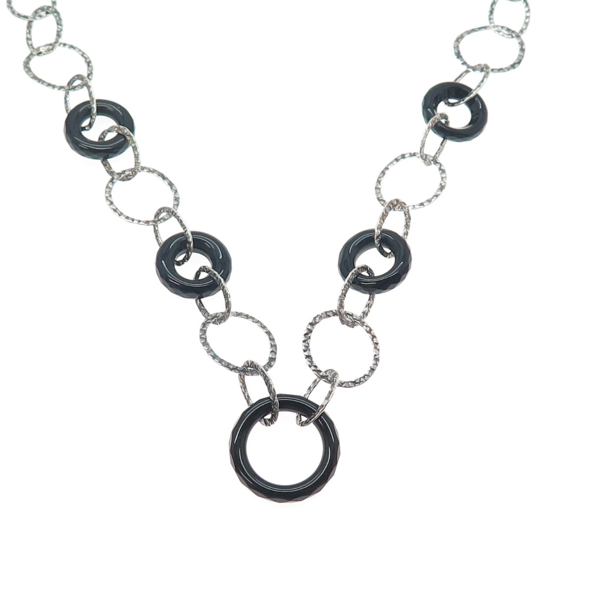 925 Sterling Silver Vintage Real Black Onyx Multi-Circle Chain Necklace 18"