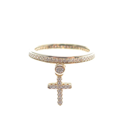 MILOR Sterling Gold Plated Italy Round-Cut C Z Cross Dangle Charm Ring Size 6.25