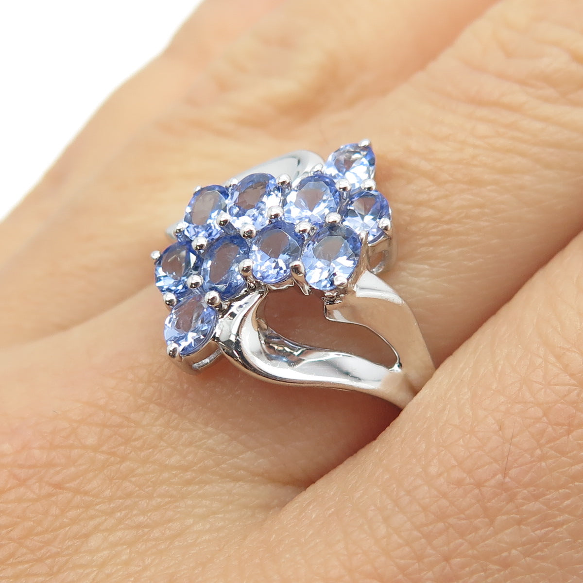 925 Sterling Silver Real Oval-Cut Tanzanite Cluster Bypass Ring Size 10.25