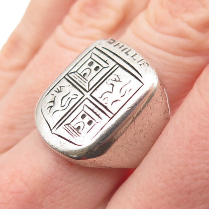 925 Sterling Silver Antique Phillip Royal Coat of Arms Signet Ring Size 8.75