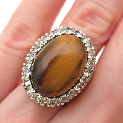 PANETTA Sterling Gold Plated Vintage Real Tiger Eye & Rhinestone Ring Size 6.25