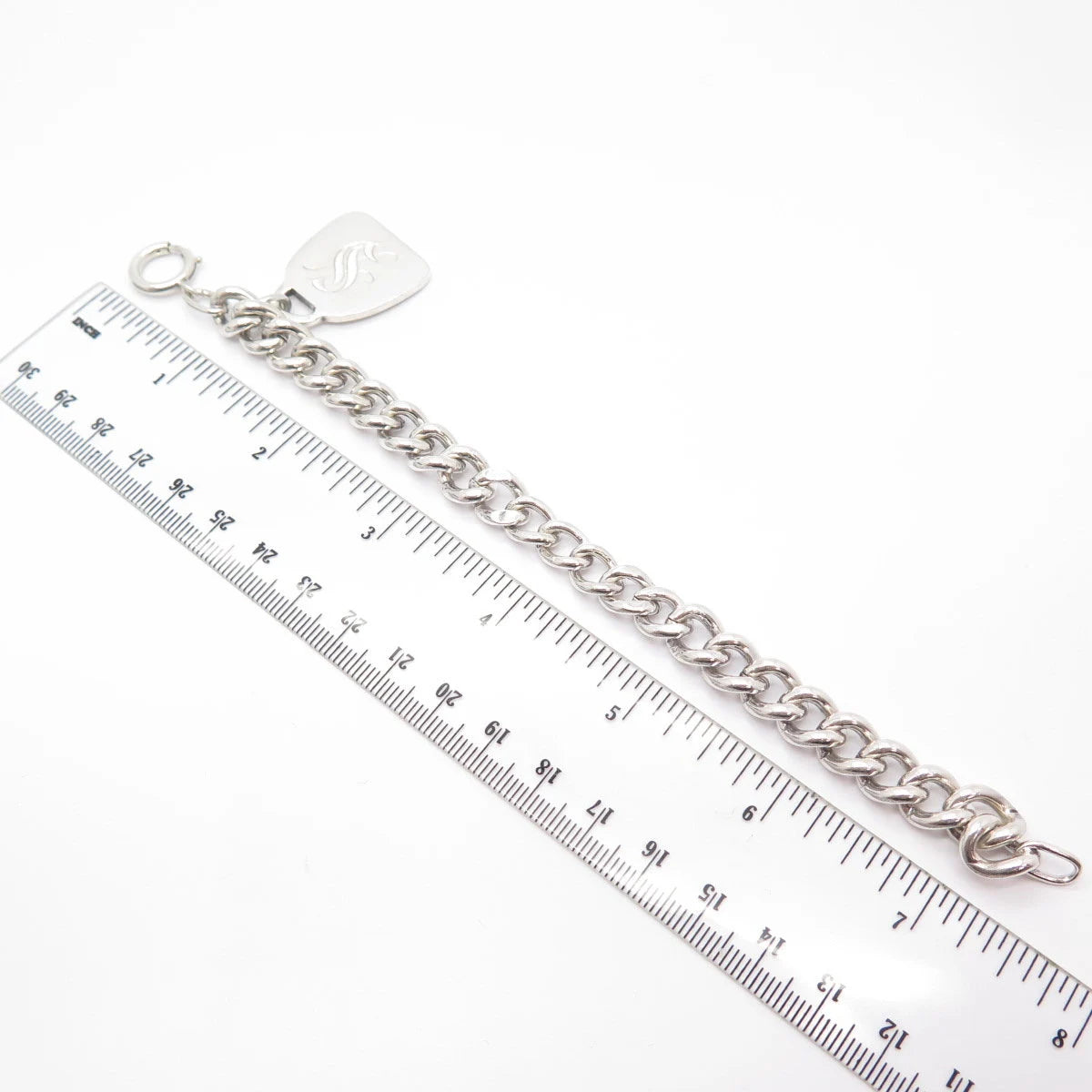 925 Sterling Silver Vintage Letter "S'' Initial Charm Cable Link Bracelet 7''