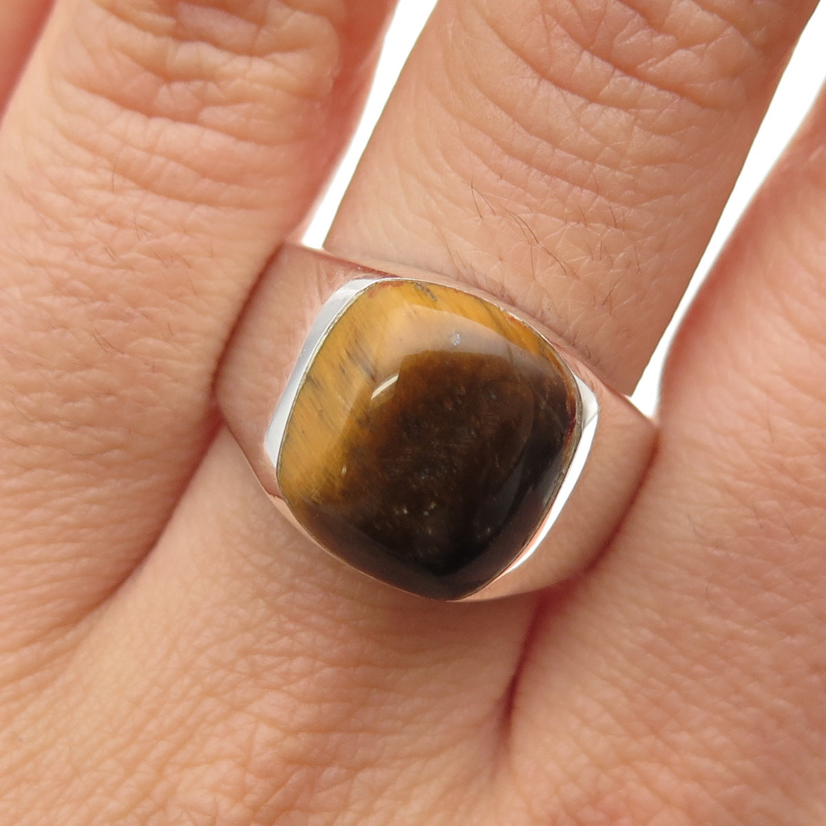 925 Sterling Silver Vintage Mexico Real Tiger Eye Modernist Ring Size 11.25