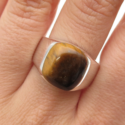 925 Sterling Silver Vintage Mexico Real Tiger Eye Modernist Ring Size 11.25