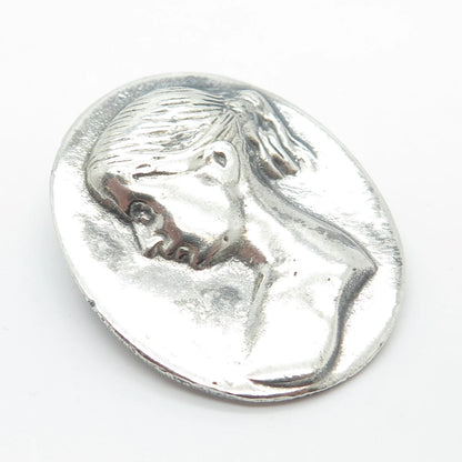 925 Sterling Silver Vintage Lady's Profile Oval Pin Brooch / Pendant