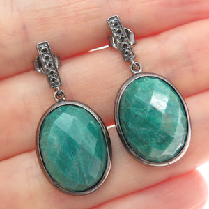 925 Sterling Silver Black Rhodium Real Oval-Cut Emerald Dangle Earrings