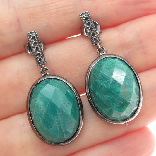925 Sterling Silver Black Rhodium Real Oval-Cut Emerald Dangle Earrings