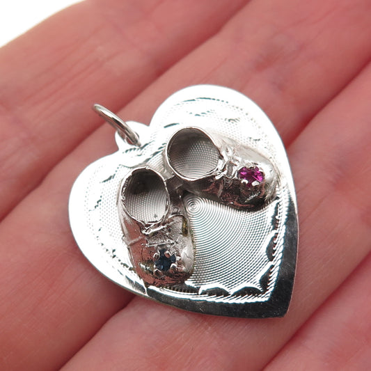 925 Sterling Silver Vintage Rhinestone Baby Shoes Heart Charm Pendant