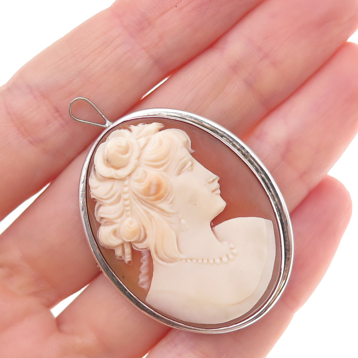 800 Silver Antique Art Deco Real MOP Lady Cameo Pin Brooch / Pendant