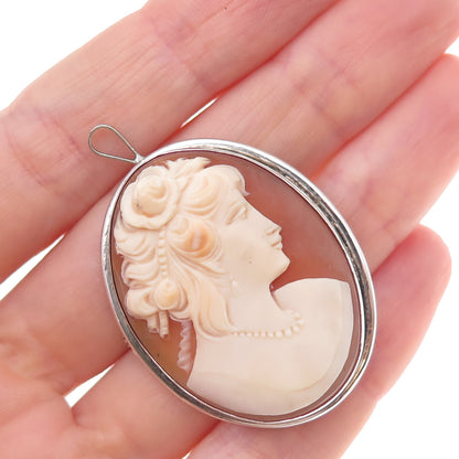 800 Silver Antique Art Deco Real MOP Lady Cameo Pin Brooch / Pendant