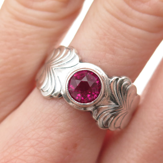 916 Silver Vintage European Lab-Created Ruby Modernist Heart Ring Size 8.25