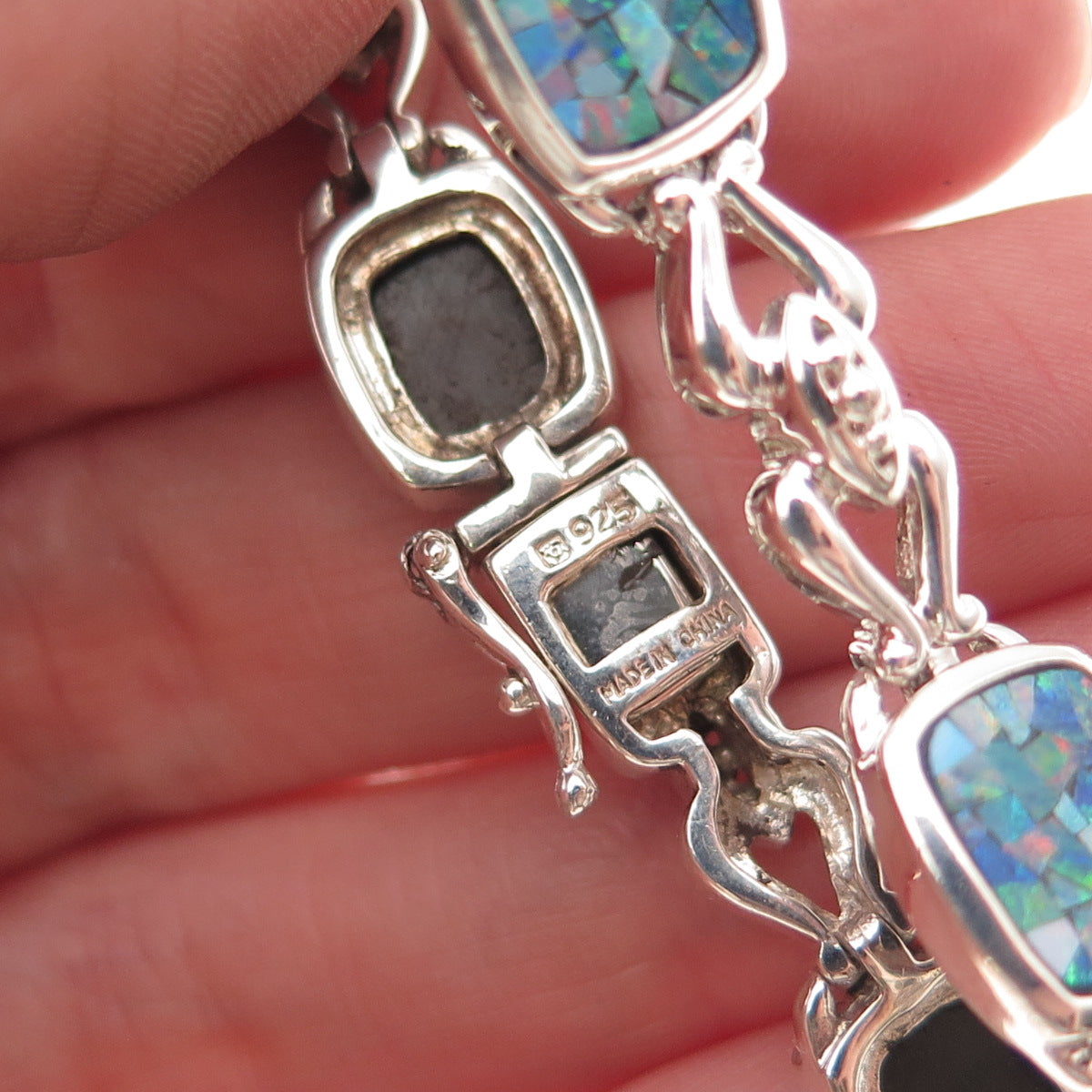 Michelle Albala 925 Sterling Silver Vintage Real Opal Mosaic Bracelet 7.25"