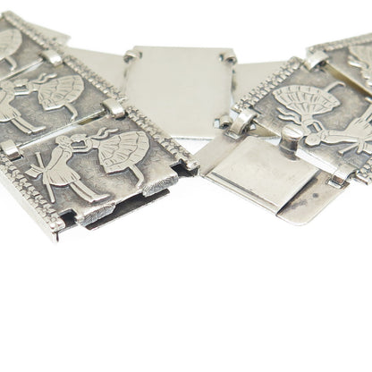 925 Sterling Silver Antique Art Deco Kissing Couple Panel Link Bracelet 7.25"