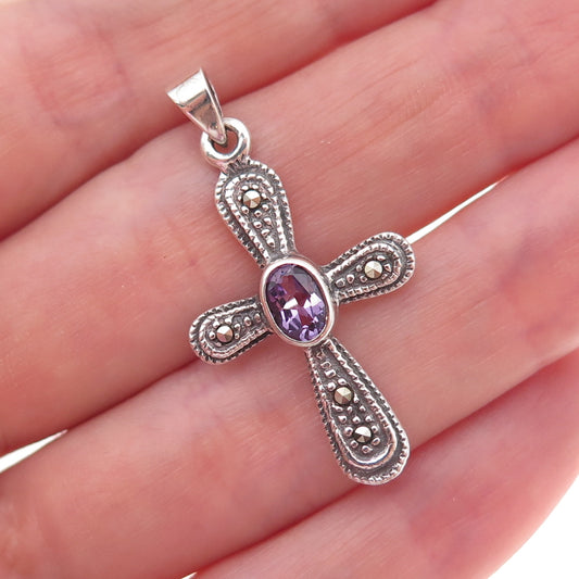 925 Sterling Silver Vintage Real Amethyst & Marcasite Cross Charm Pendant