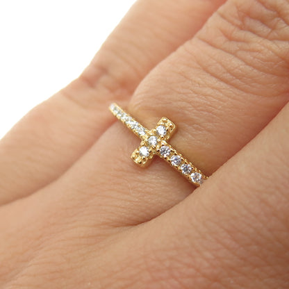 925 Sterling Silver Gold Plated Round-Cut C Z Cross Ring Size 6