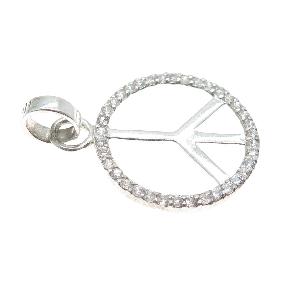 925 Sterling Silver Round-Cut C Z Peace Symbol Charm Pendant