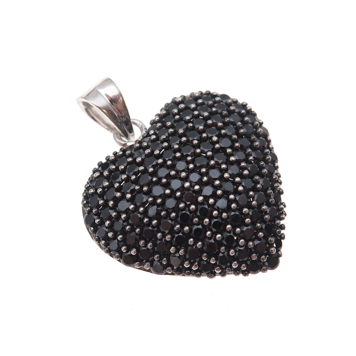 925 Sterling Silver Real Round-Cut Black Spinel Heart Charm Pendant