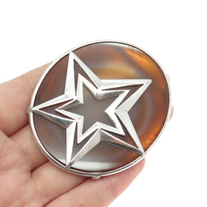 925 Sterling Silver Vintage Real Agate Star Solid 41.9g Pin Brooch