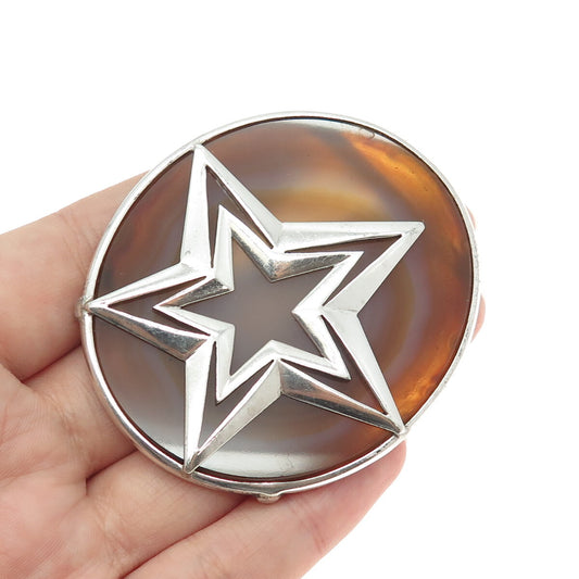 925 Sterling Silver Vintage Real Agate Star Solid 41.9g Pin Brooch