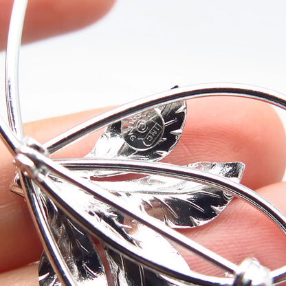 925 Sterling Silver Vintage Black Rhinestone Leaf Floral Pin Brooch