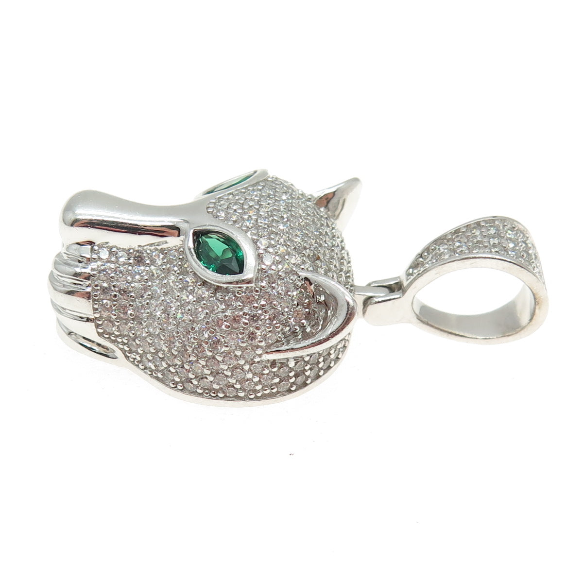 925 Sterling Silver Nano Emerald & Round-Cut C Z Panther's Head Pendant