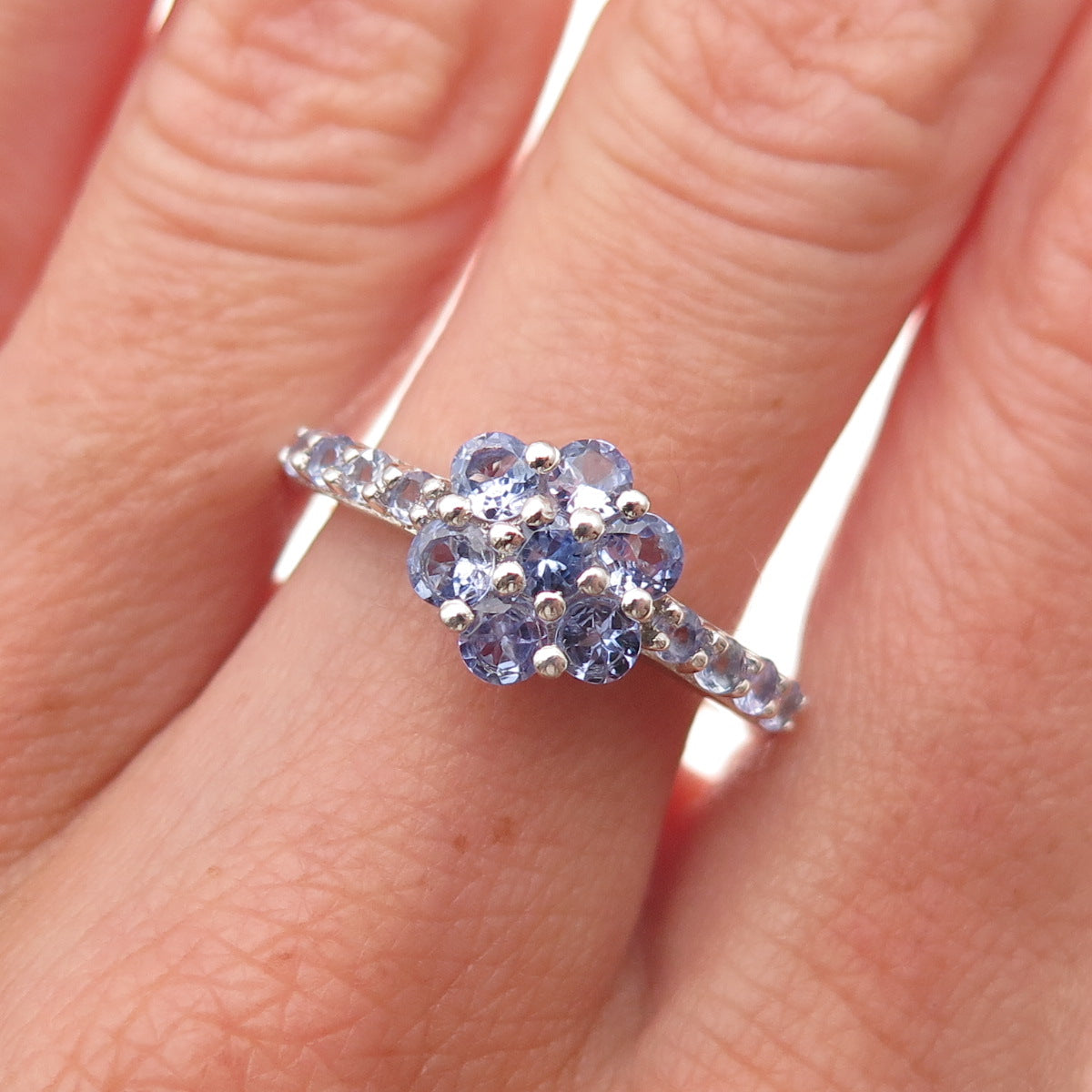 Chuck Clemency 925 Sterling Silver Real Round-Cut Tanzanite Floral Ring Size 8
