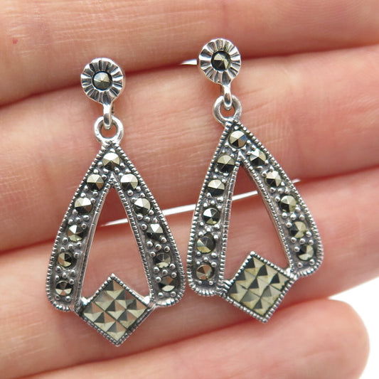 925 Sterling Silver Vintage Real Marcasite Oxidized Dangle Earrings