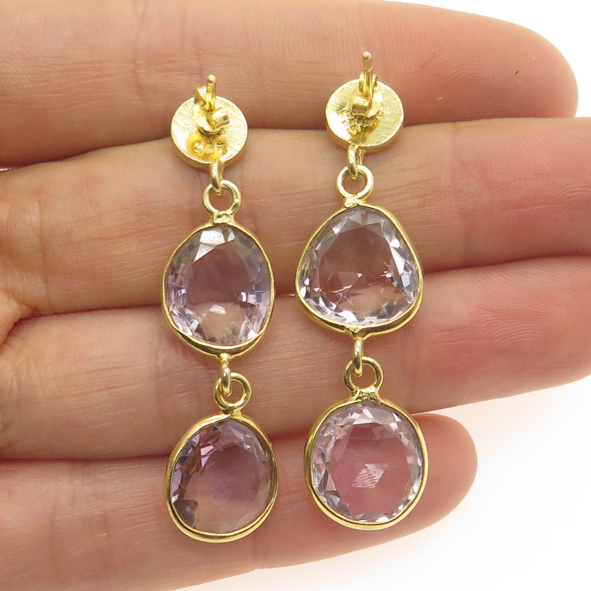 925 Sterling Silver Gold Plated Vintage Amethyst Modernist Dangle Earrings