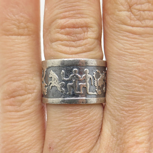 925 Sterling Silver Vintage Mexico Mayan Storyteller Oxidized Band Ring Size 6.5