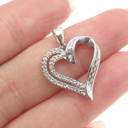 SUN 925 Sterling Silver Real Round-Cut Diamond Open Heart Pendant