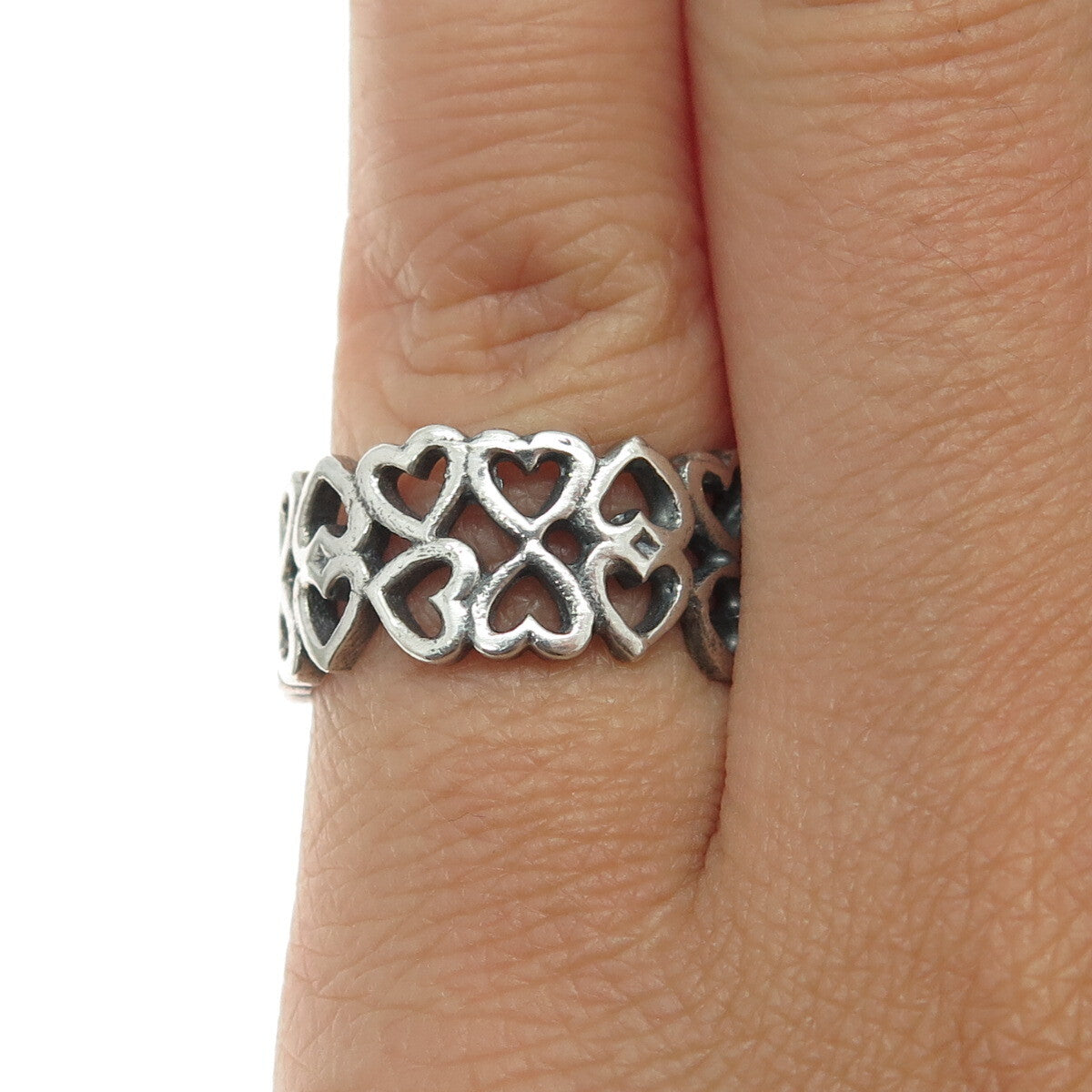 925 Sterling Silver Vintage Heart 2-Row Band Ring Size 6.25